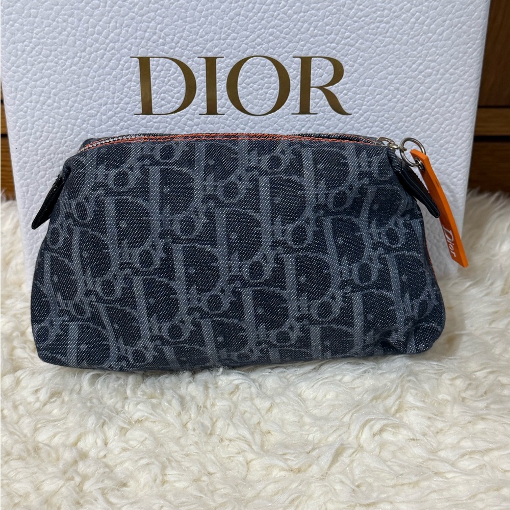 Dior Monogram Canvas Cosmetic Pouch in Black and Gray with Orange Pull